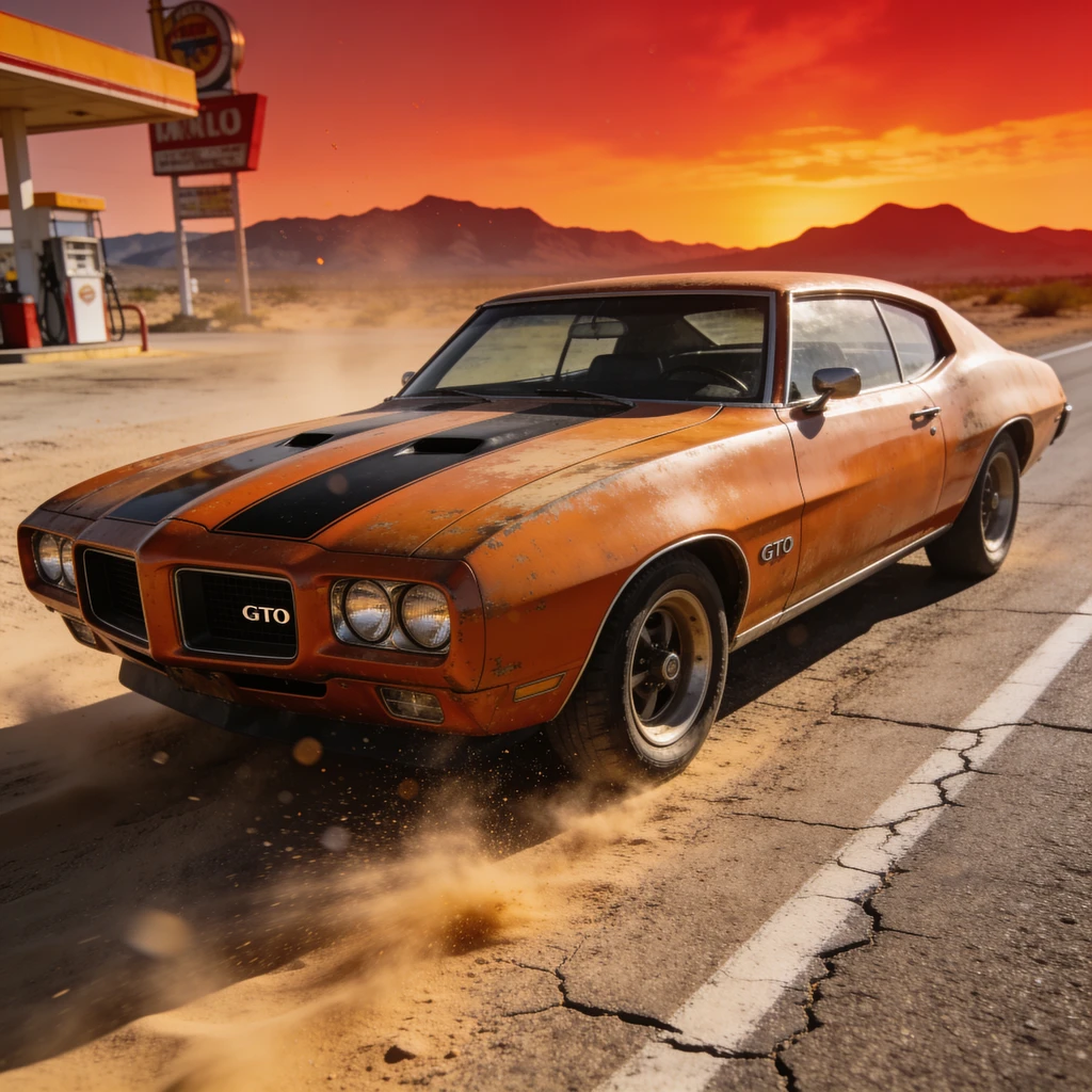 AI generated vintage muscle car on a desert highway