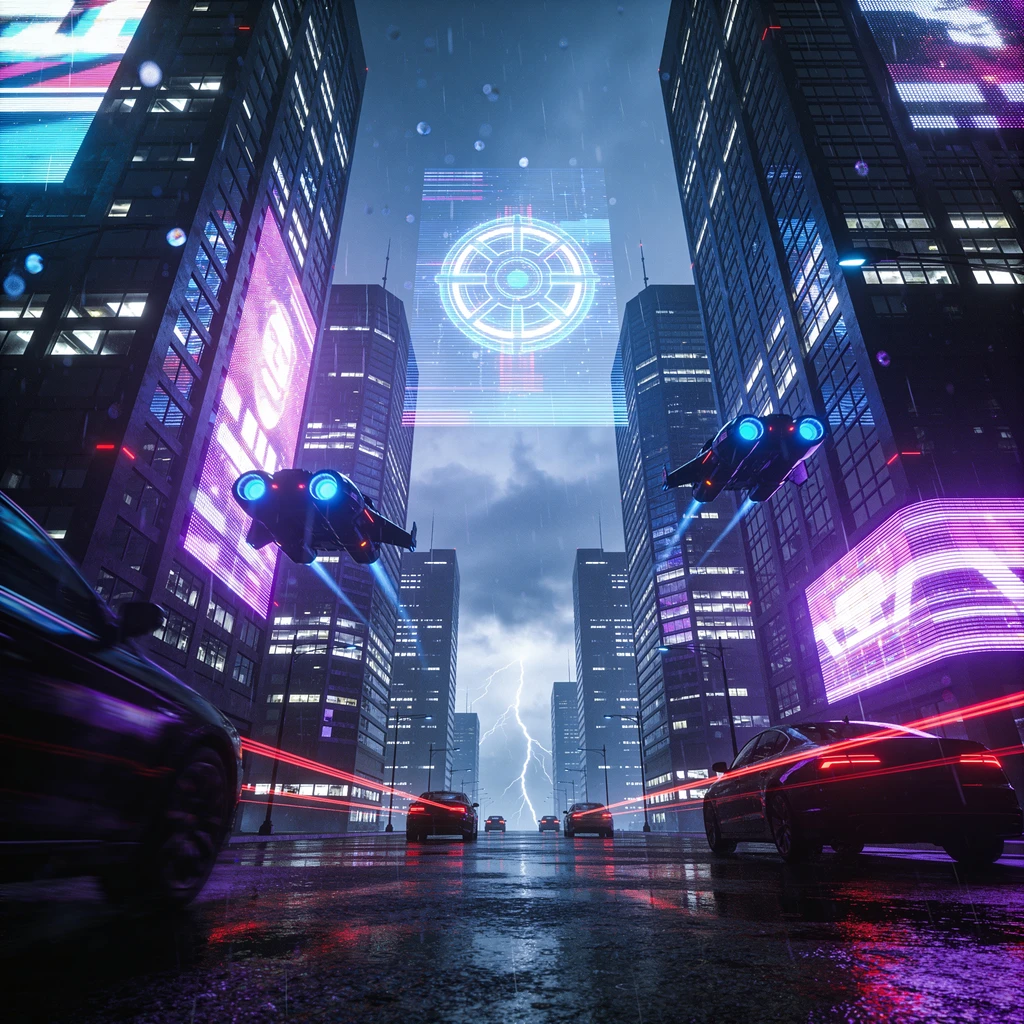 AI generated futuristic neon city street