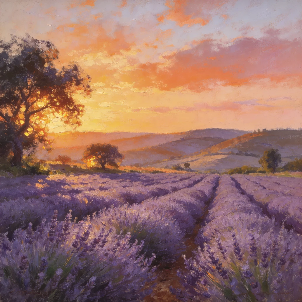 AI generated impressionist oil painting of a lavender field